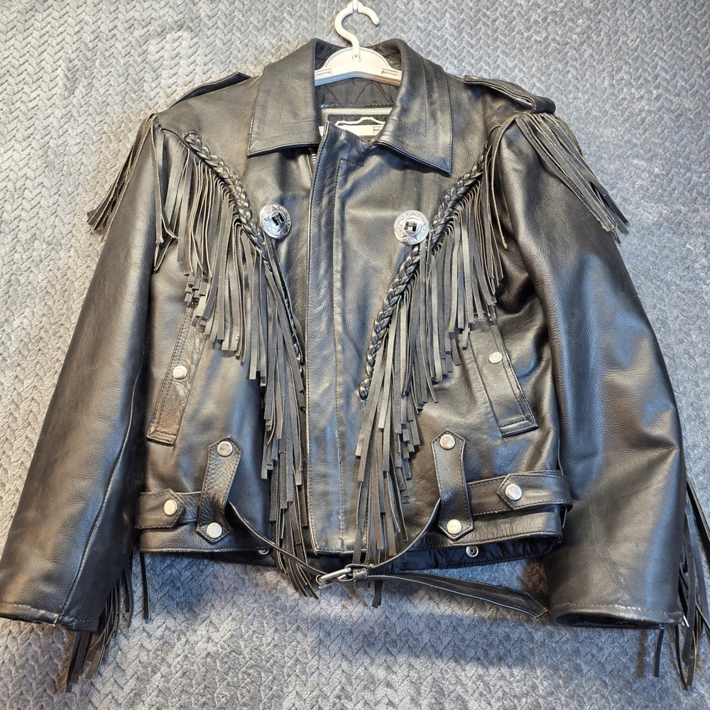 Vintage First Genuine Leather Fringe Concho Biker Jacket Women Small 36 Black